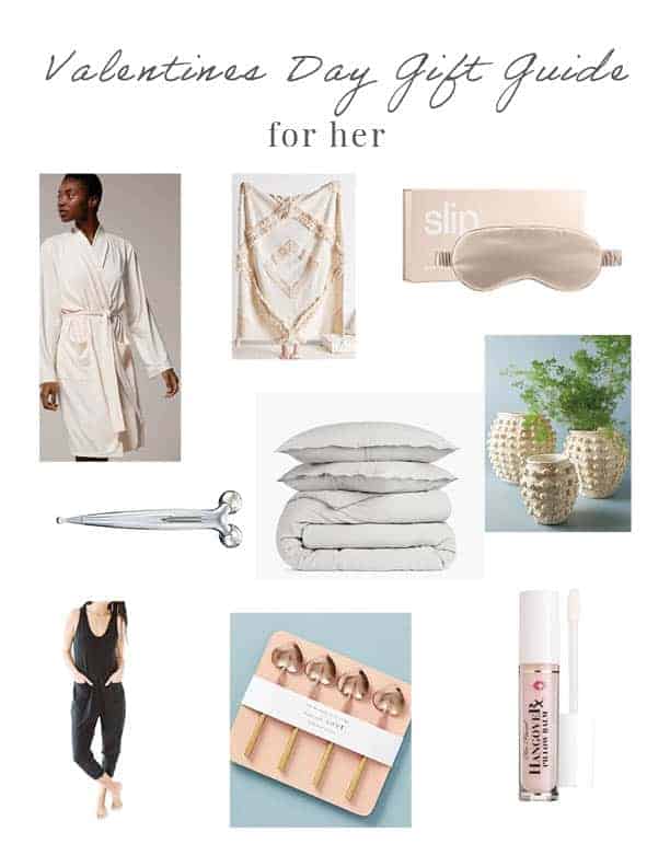 Valentine's Day Gift Guide For her laid out on a white background. Prodcuts include a smash and tess romper, heart spoons, planters, lip gloss, bedding, face products, blankets, housecoat, and an eye mask