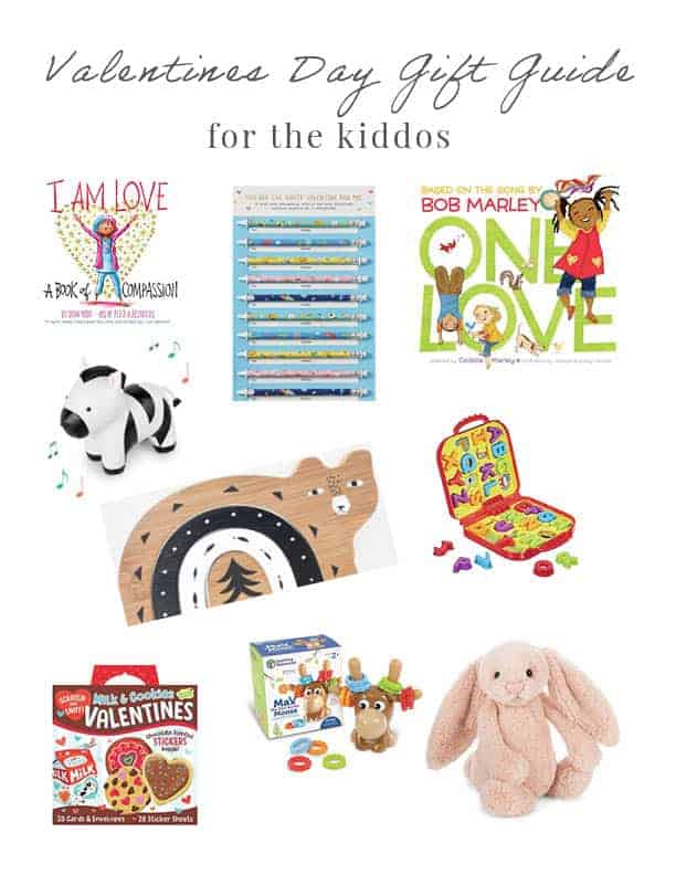 Valentine's Day Gift Guide For the kiddos various products including a sutffed bunny, a zebra, books, crayons, and toys on a white background