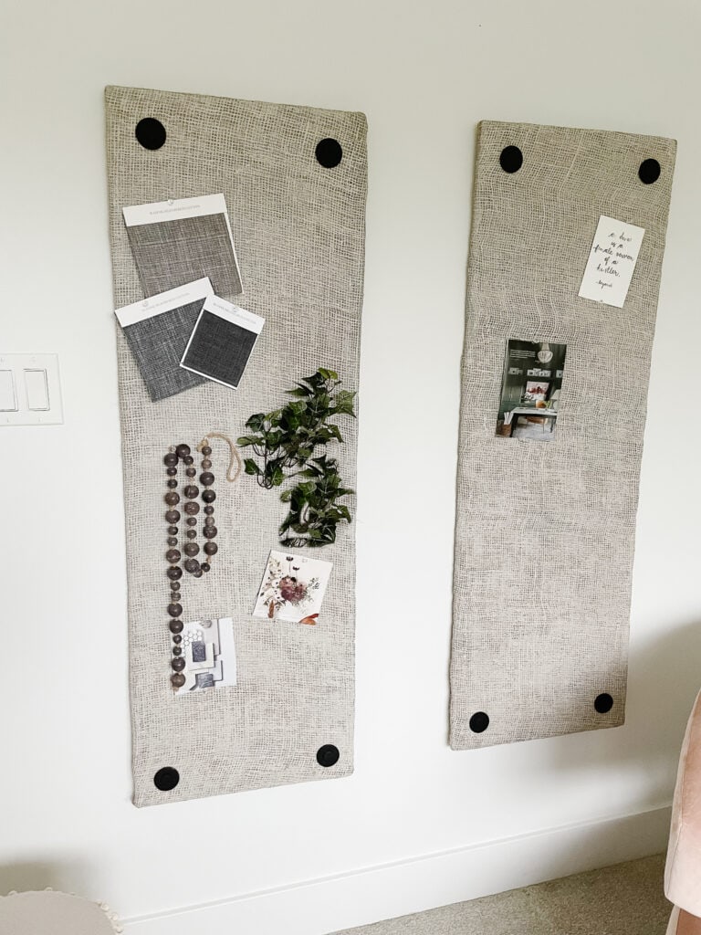 Two DIY push pin boards hanging on a wall with design inspiration on them