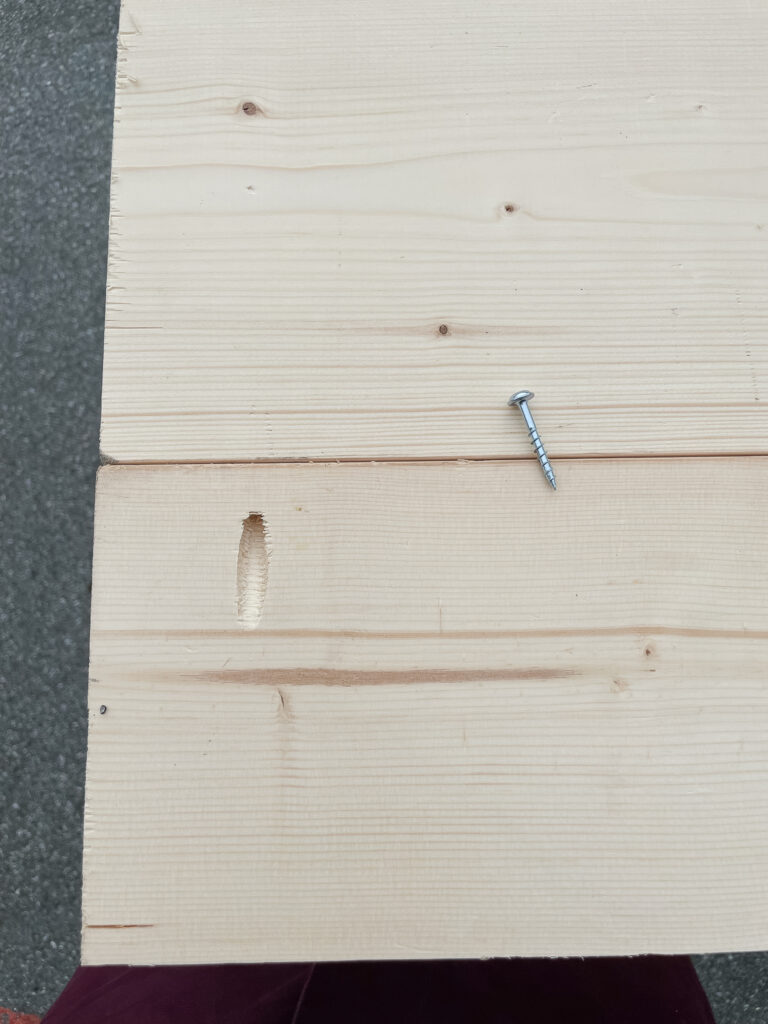 How to make your DIY rustic desk top with pocket screws - two 1x8s pictured with pocket hole and a screw on top