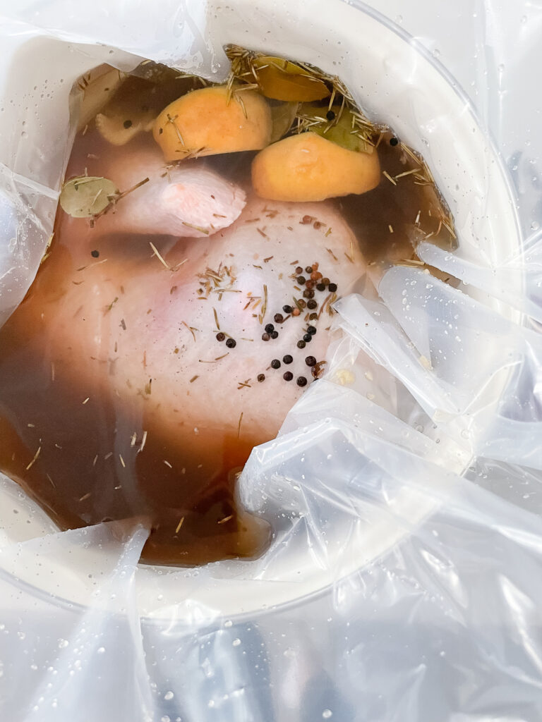 An easy way to get your thanksgiving turkey super tender - brine it. There is a turkey in a bag with a liquid brine around it