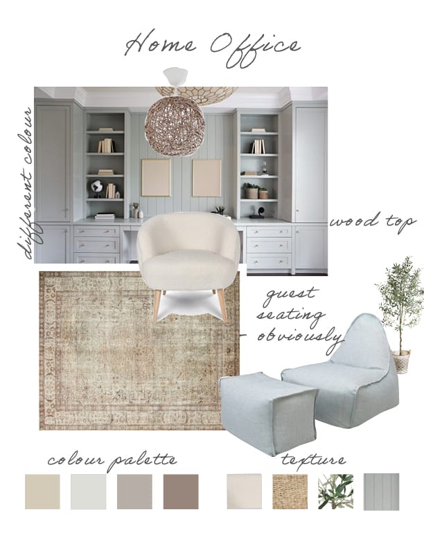 One Room Challenge - Week Two - Home office mood board includes built ins, a boucle chair, a lounge set, rug, in warm tones