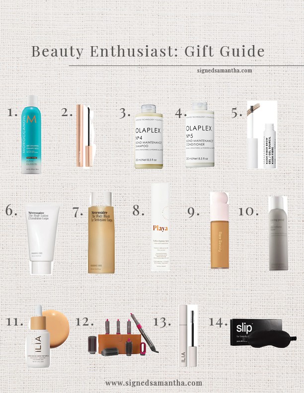 Gift Guide for the Beauty Obsesed by Signed Samantha including shampoo, conditioner, body wash, laid out on a round up page with several screenshots of products.