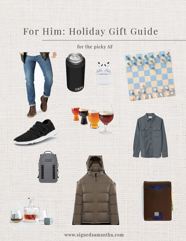 gift guide for men in 2021. Jeans, chess board, yeti, jackets, lots of options