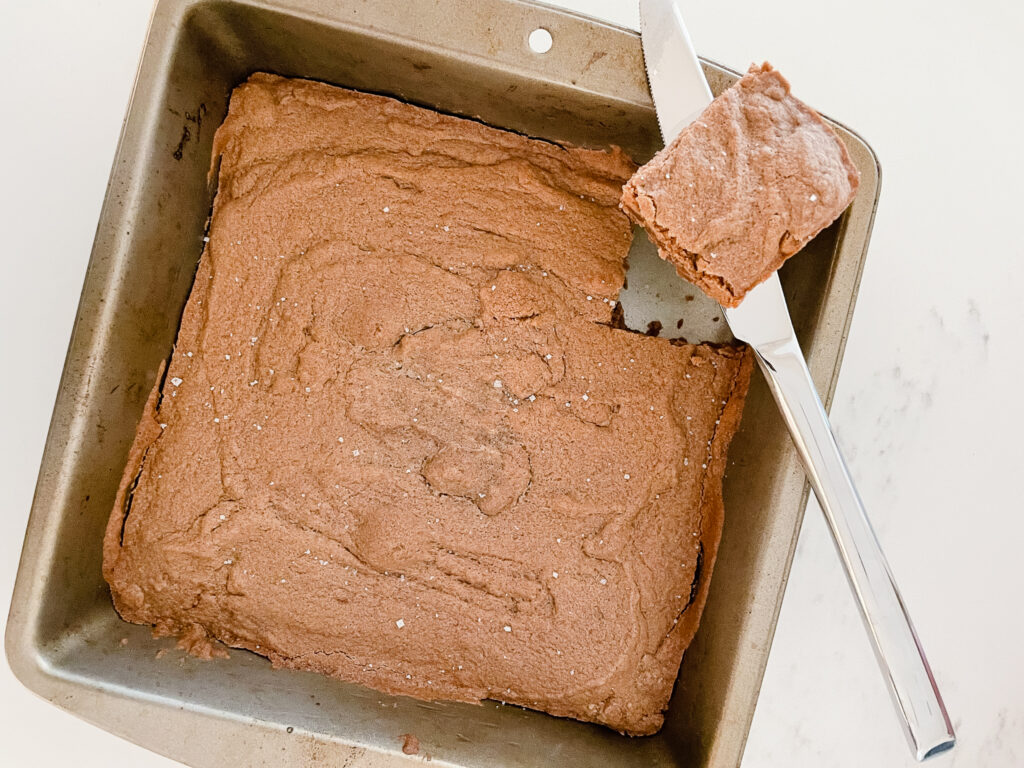 Signed Samantha's Nanny's brownies in a square pan. Samantha made the brownies gluten-free.