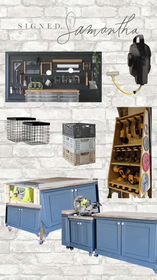 one room challenge week 2 mood board - includes work benches, tool storage, baskets for sotrage, and a peg board for keeping misc. items