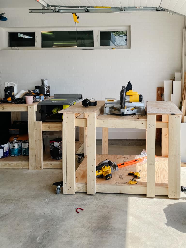 mitre saw station workbench and a table saw station workbench in the background - both incomplete but well underway!